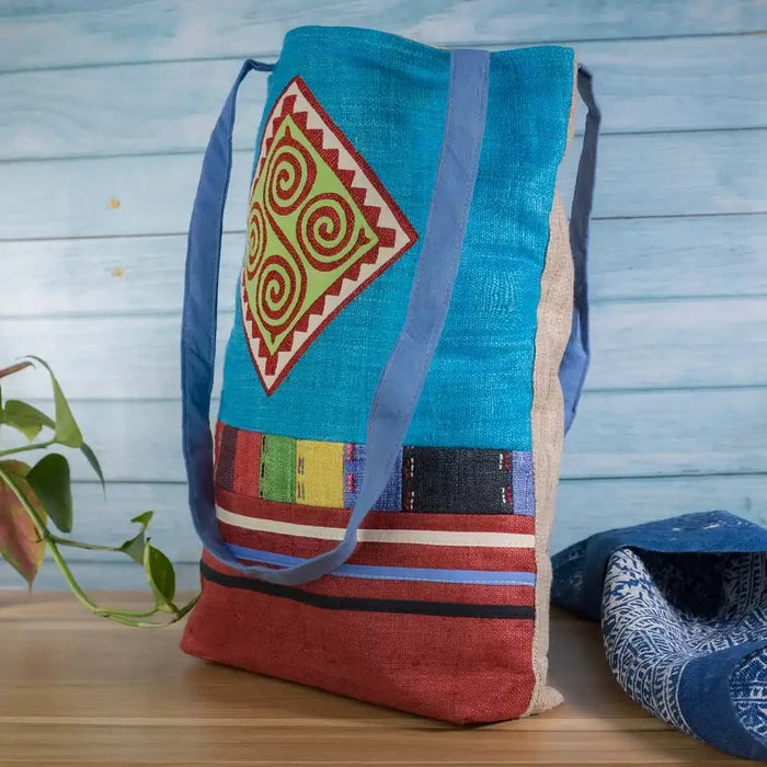 Vindigo tote bag blue hemp spiral patch side view