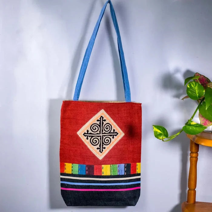Vindigo shoulder bag red hemp spiral patch full front hanging view