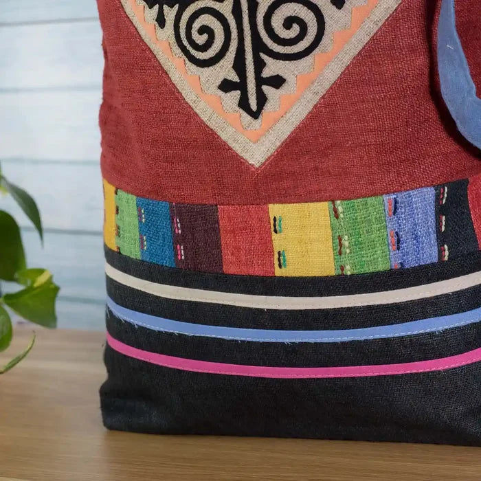 Vindigo shoulder bag red hemp spiral patch and colorful stripe front view