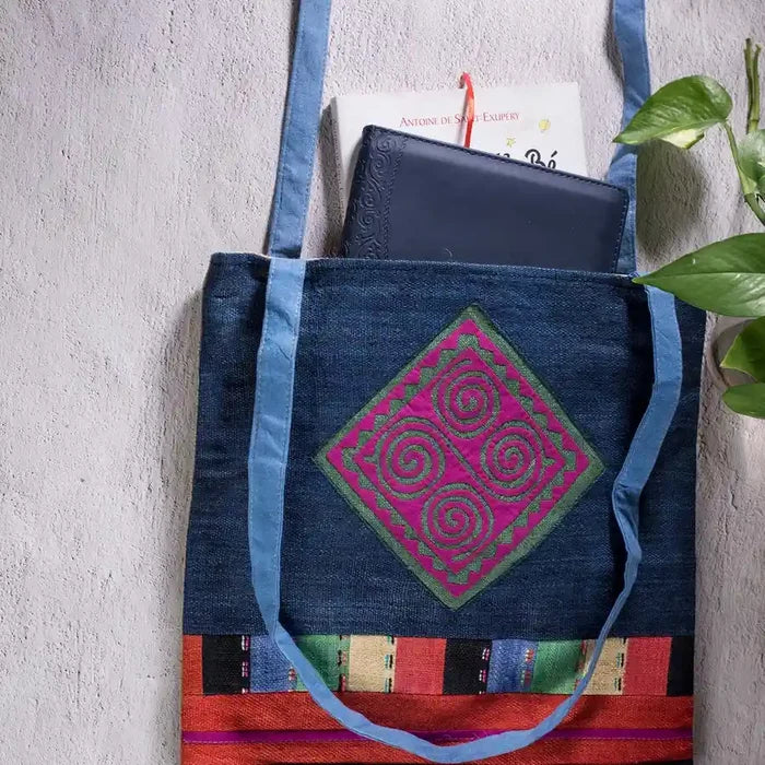 Vindigo shoulder bag indigo hemp pink spiral embroidery front angle view