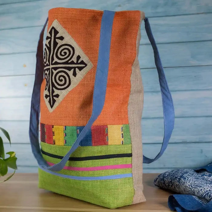 Vindigo shoulder bag orange hemp spiral patch side view