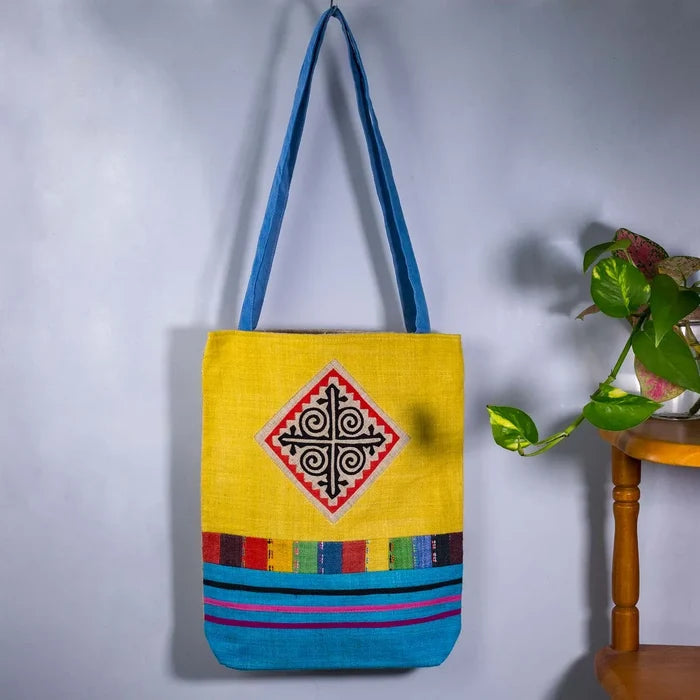 Vindigo tote bag yellow hemp inner compartment with zipper detai
