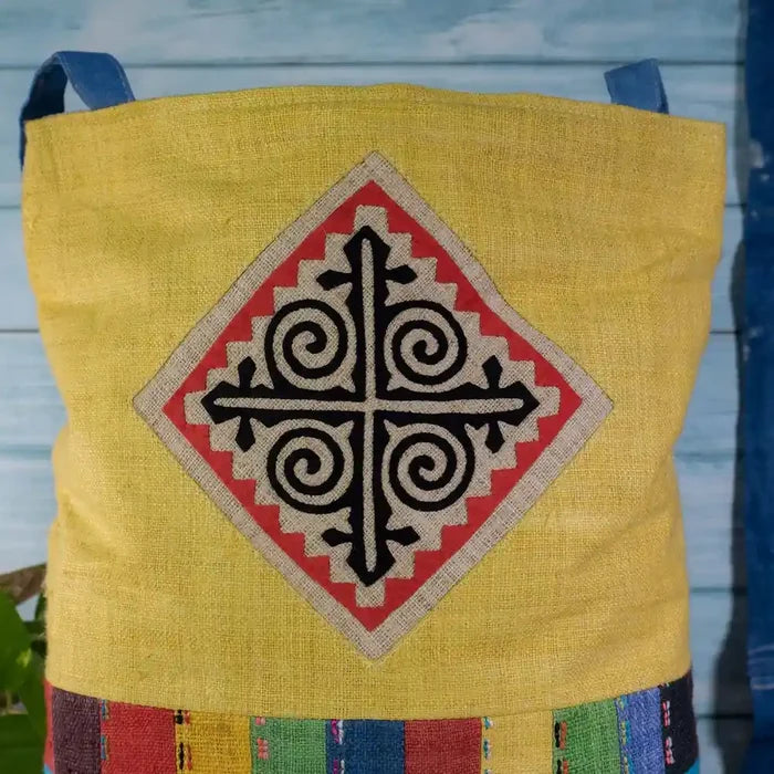 Vindigo tote bag yellow hemp spiral patch close-up front view