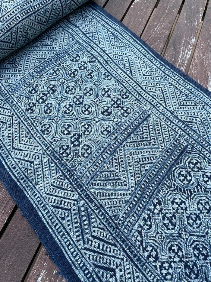 Traditional H'mong pattern, handwoven hemp, batik indigo