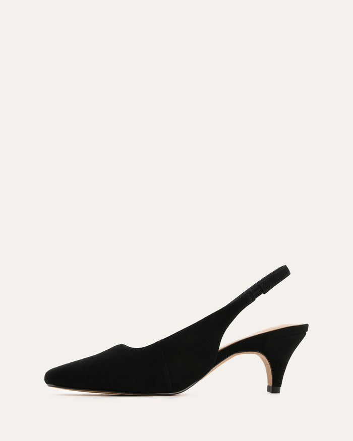Black slingback shoe on a white background