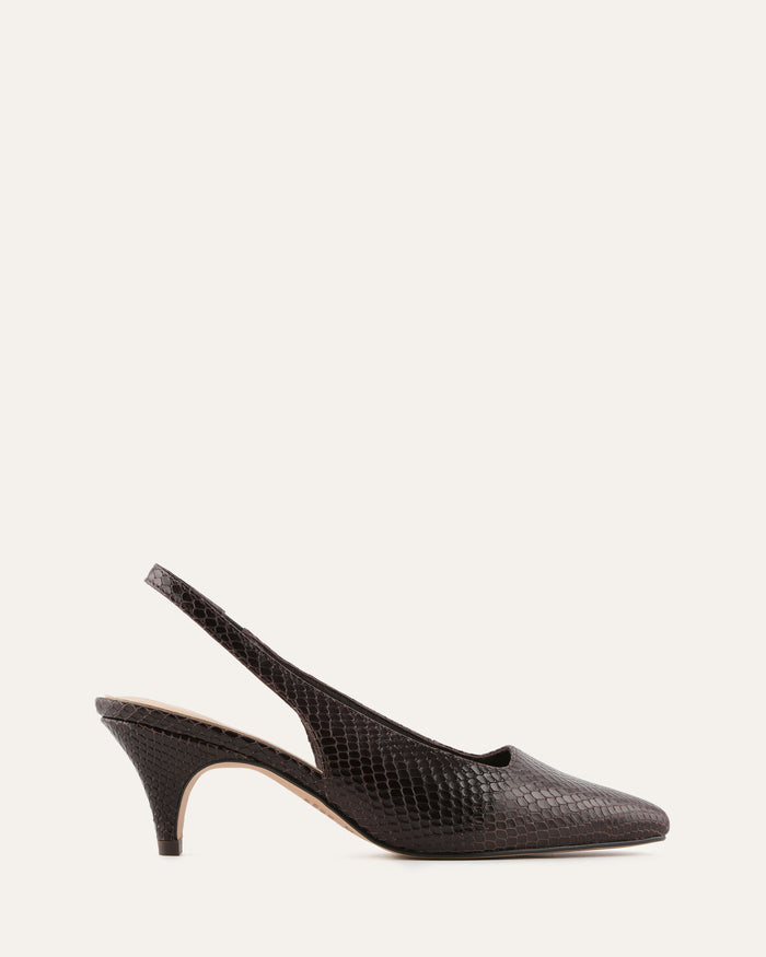 Black slingback shoe on a white background