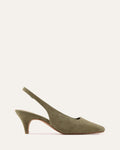 Green suede slingback shoe on a white background