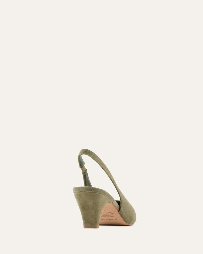 Green suede slingback shoe on a white background
