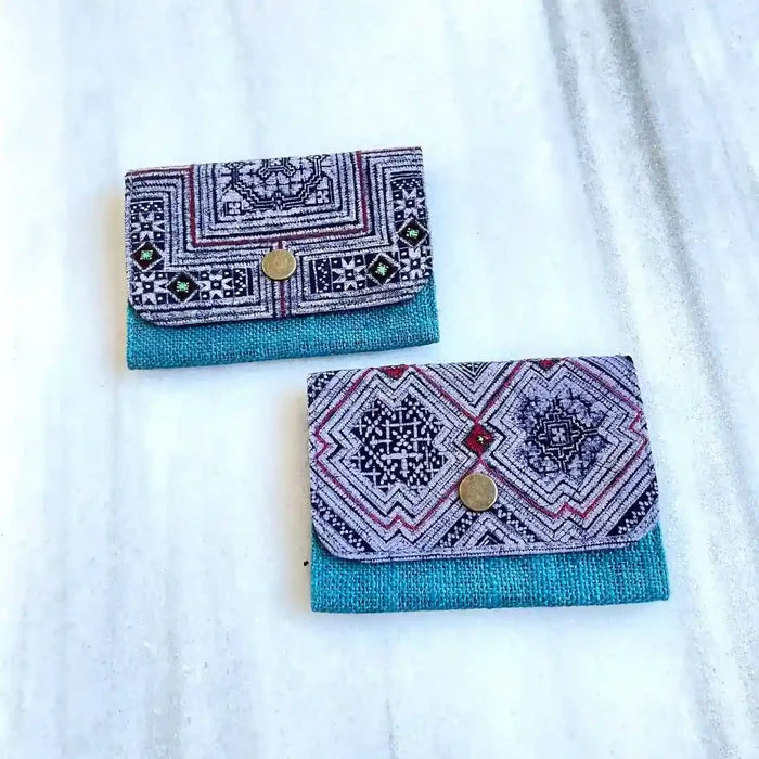 Vindigo wallet purple embroidered blue front and back view
