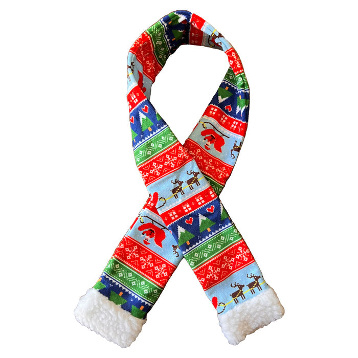 Pet wearing an Ugly Sweater Scarf on a white background.