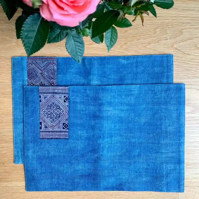 Vindigo placemat blue embroidered geometry flat set on table