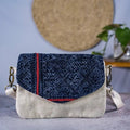 Vindigo indigo hemp crossbody bag with batik flap front view