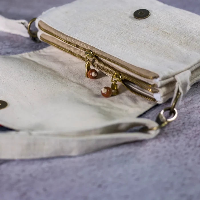 Vindigo hemp crossbody bag brass clasp and zipper detail