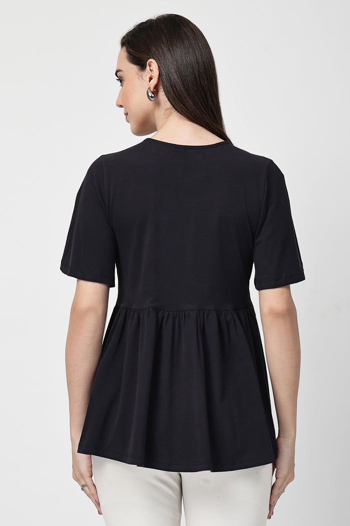 Close-up of black Maternity Tops showing Long Zip for easy nursing access.