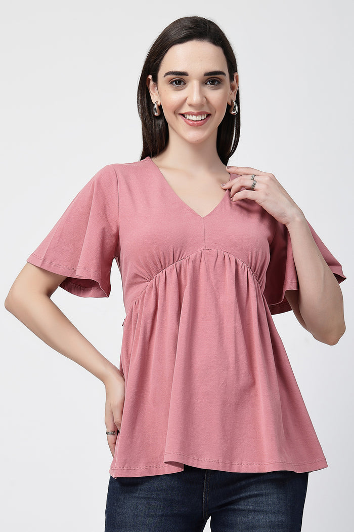 V-Neck Cotton Maternity Nursing Top - Deep Salmon in pink made with soft Cotton fabric.