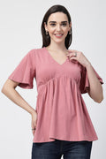 V-Neck Cotton Maternity Nursing Top - Deep Salmon in pink made with soft Cotton fabric.
