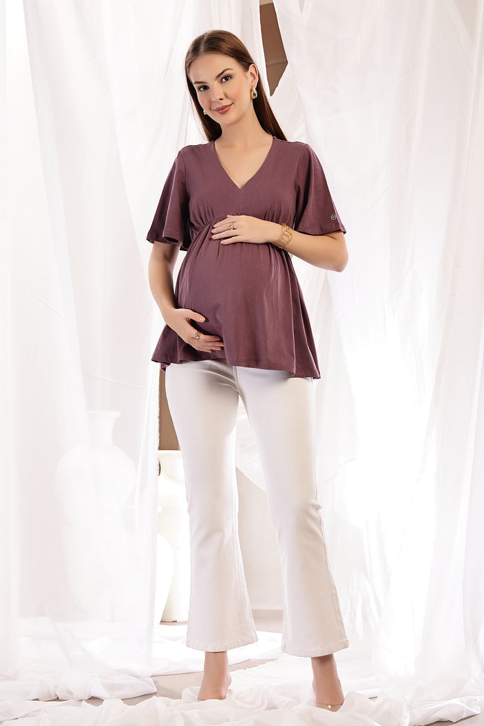Close-up of rosewood Maternity Tops showing Long Zip for easy nursing access.
