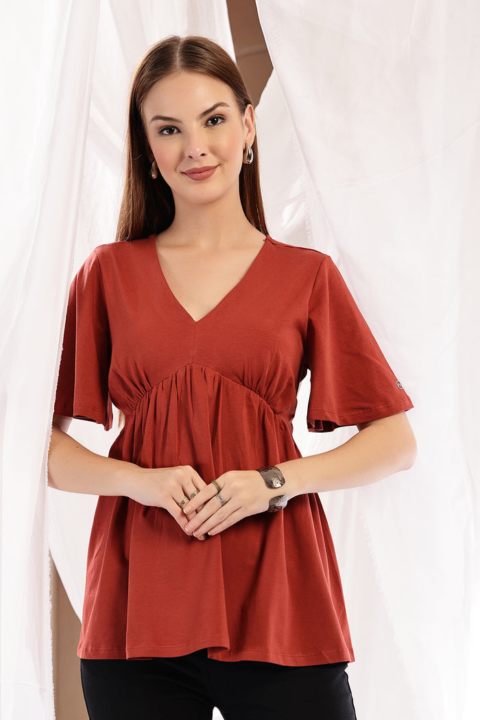 Rust Cotton Top; V-neck design provides style and comfortable fit for all phases.