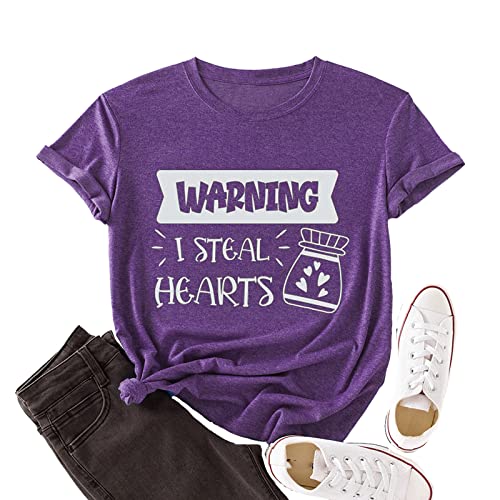 Valentines Day Heart Tees Women Warning I Steal Hearts Funny Graphic Shirt