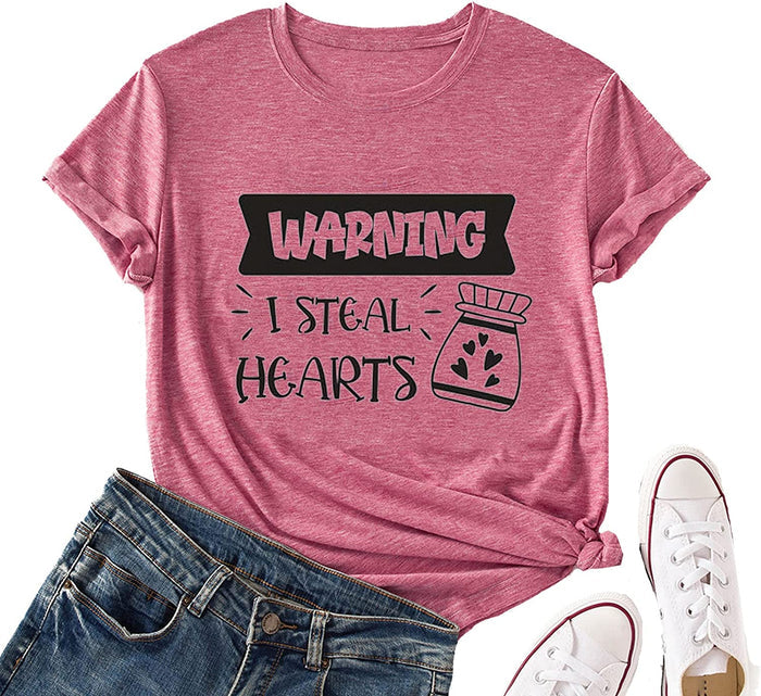 Valentines Day Heart Tees Women Warning I Steal Hearts Funny Graphic Shirt