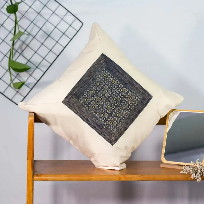 Vindigo handmade beige cotton cushion cover side angle on chair