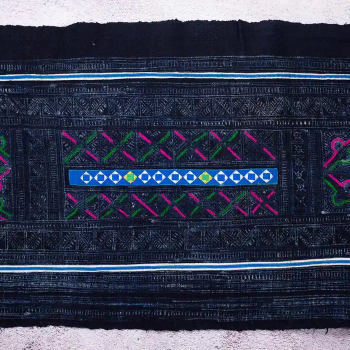 Vindigo black vintage tribal embroidered fabric flat layout