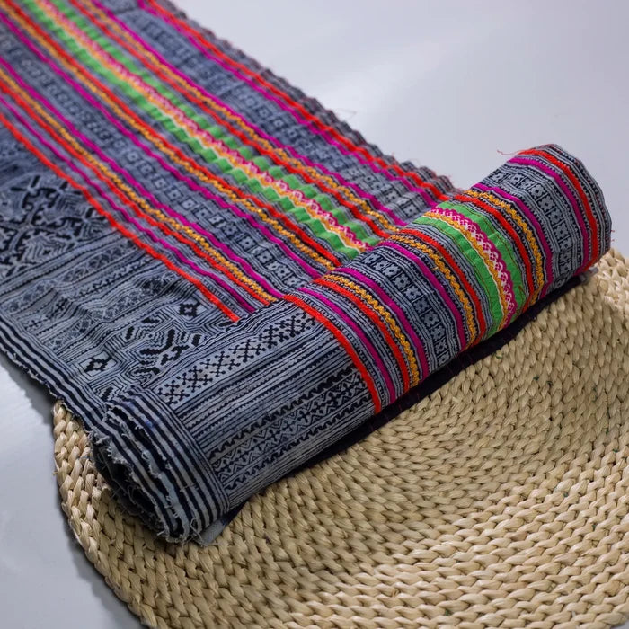Vintage indigo rolls with pink and red stripes, block print patterns