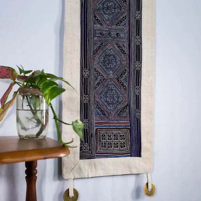 Vindigo indigo hemp batik tapestry with table and plant decor