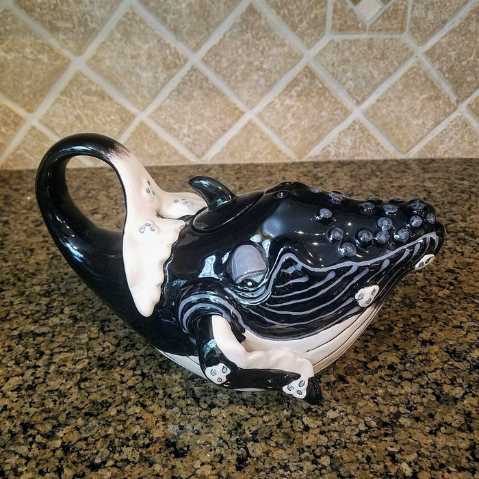 Whale Black Teapot Animal Ceramics Tea Pot Decor Blue Sky by Lynda Corneille