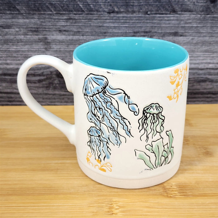 Whimsical Jellyfish Coffee Mug Marine Ocean Coral Life Cup Blue Sky Ceramic 18oz