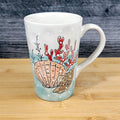 Whimsical Sea Shell Coffee Mug Marine Ocean Coral Life Cup Blue Sky Ceramic 18oz