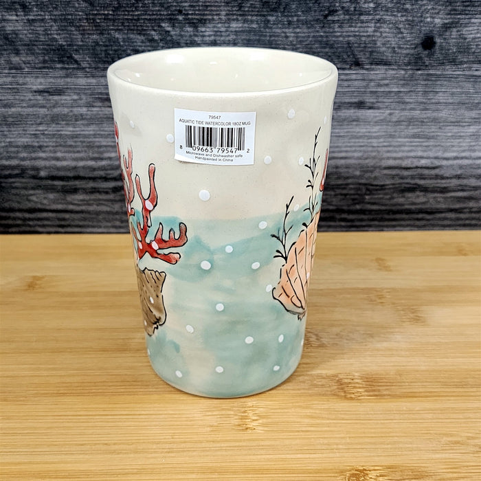 Whimsical Sea Shell Coffee Mug Marine Ocean Coral Life Cup Blue Sky Ceramic 18oz