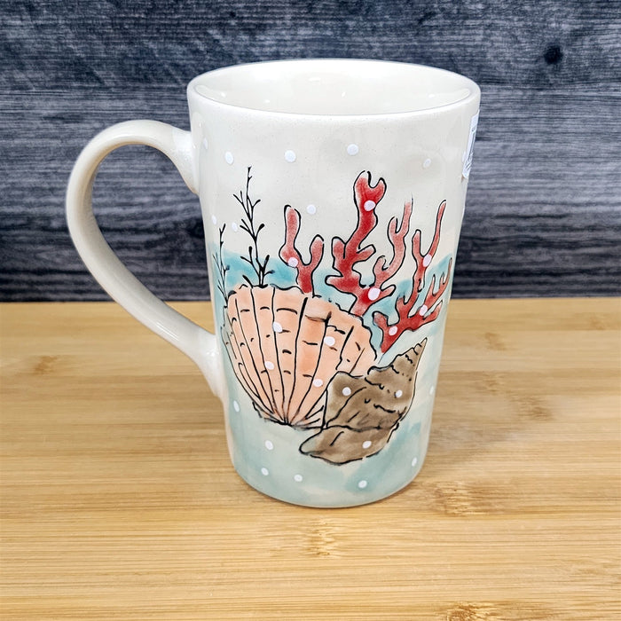Whimsical Sea Shell Coffee Mug Marine Ocean Coral Life Cup Blue Sky Ceramic 18oz