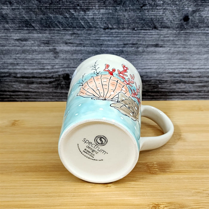 Whimsical Sea Shell Coffee Mug Marine Ocean Coral Life Cup Blue Sky Ceramic 18oz