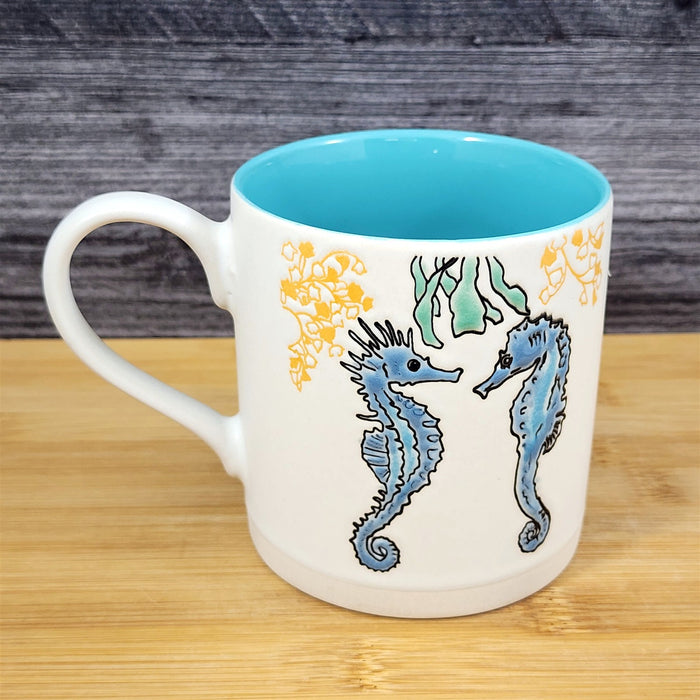 Whimsical Seahorses Coffee Mug Marine Ocean Coral Life Cup 18oz Blue Sky Ceramic