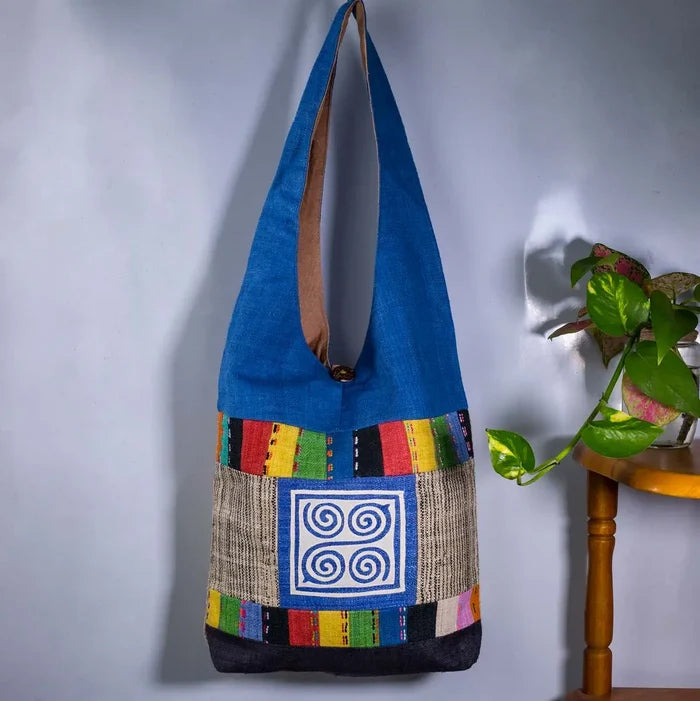 Vindigo shoulder bag blue hemp white spiral patch hanging front view