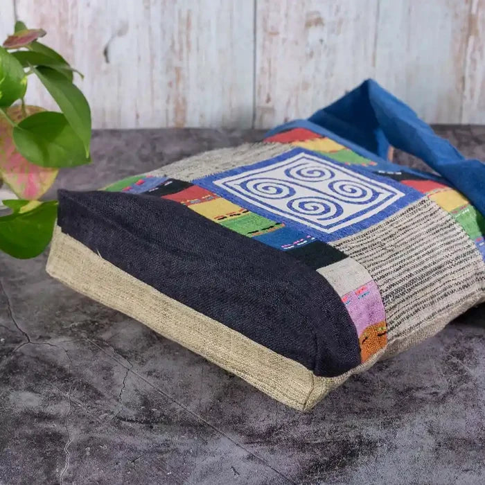 Vindigo shoulder bag blue hemp white spiral patch base and side view