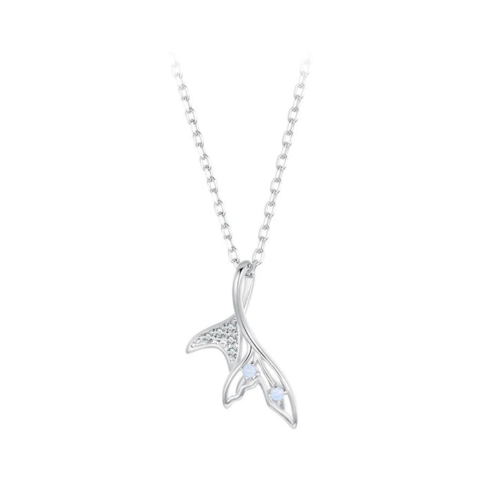 White Gold Plated Fish Tail Necklace for Women, 925 Sterling Silver Nano Opal Heart Necklace