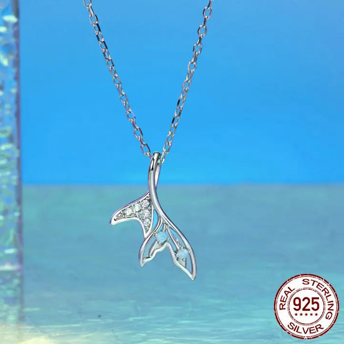 White Gold Plated Fish Tail Necklace for Women, 925 Sterling Silver Nano Opal Heart Necklace