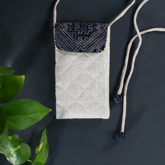 Grey hemp crossbody phone bag with H’Mong batik patch and drawstring strap