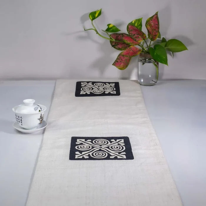 Vindigo beige hemp table runner full view showing two central embroidered motifs