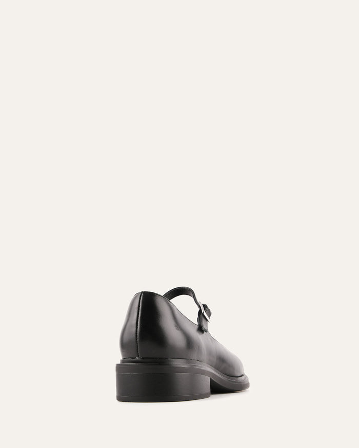 Black leather shoes on a white background