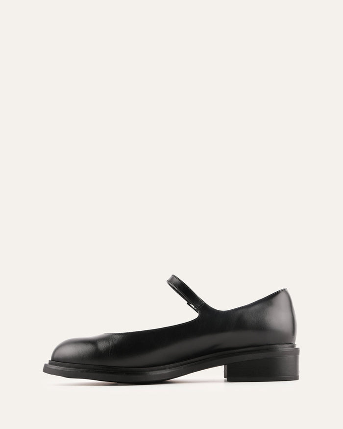 Black leather shoe on a white background