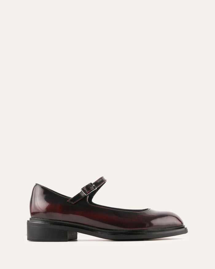 Black leather shoe with a strap on a white background