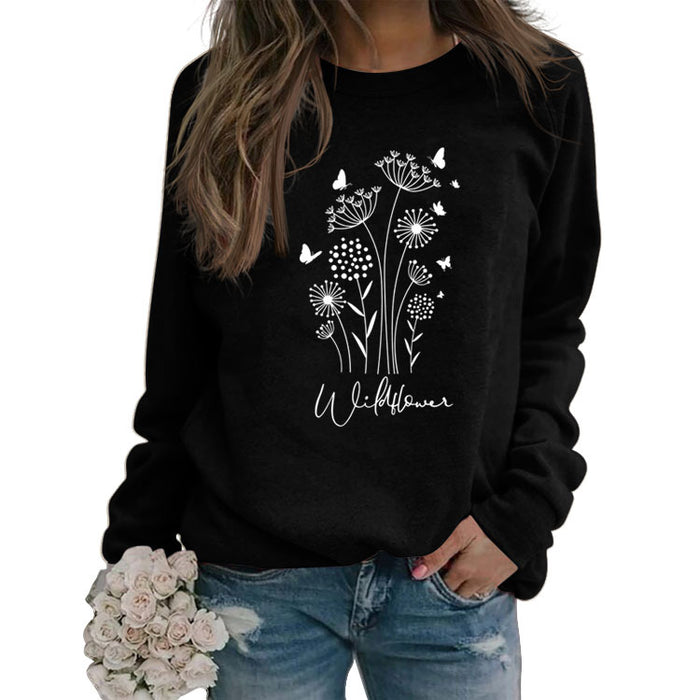 Wildflower Butterfly Letter Printing Loose Casual Autumn and Winter Long Sleeve Oversize Sweater