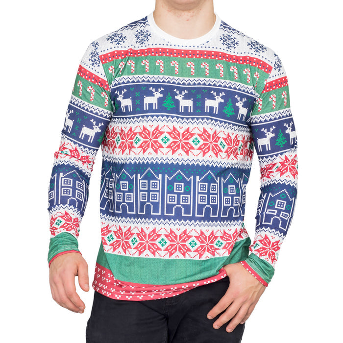 Winter Reindeer Houses All Over Ugly Christmas T-shirt