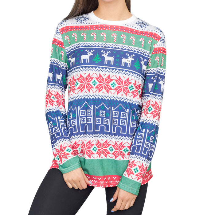 Winter Reindeer Houses All Over Ugly Christmas T-shirt