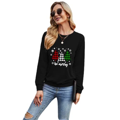 Women Be Merry Shirt Long Sleeve Buffalo Plaid Christmas Blouse