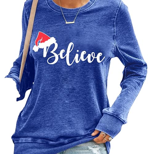 Women Believe Christmas Shirt Long Sleeve Christmas Blouse T-Shirt