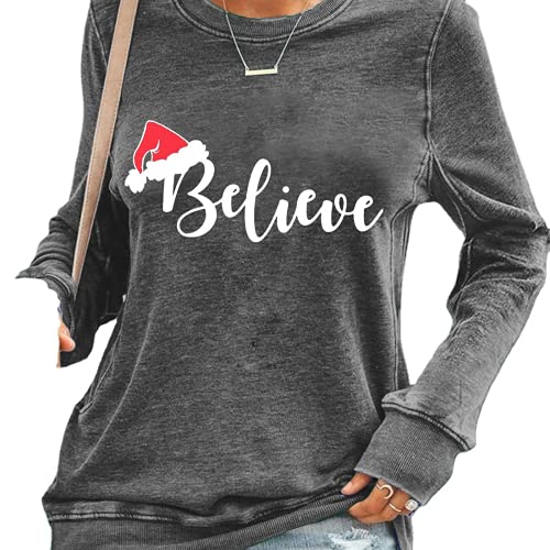 Women Believe Christmas Shirt Long Sleeve Christmas Blouse T-Shirt